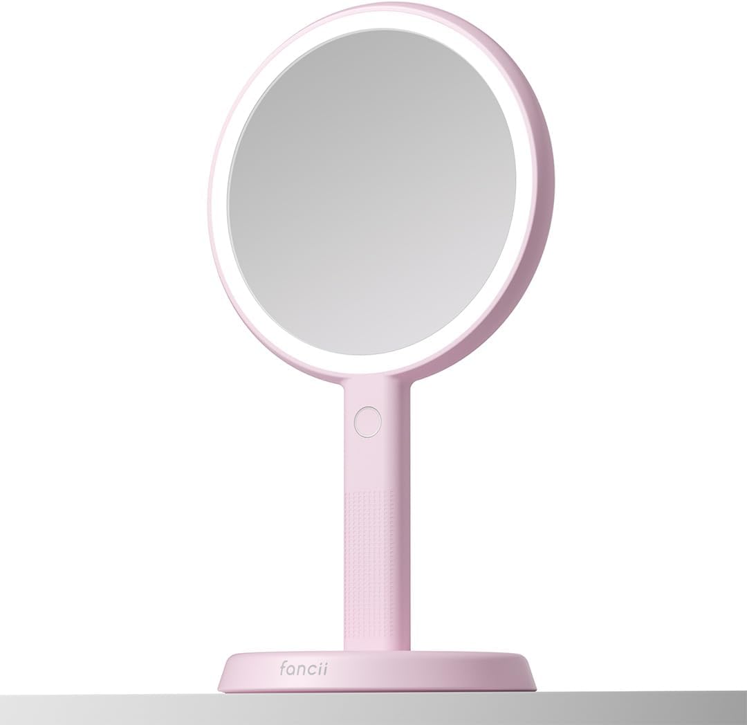 Fancii Cami Handheld Travel Makeup Mirror with Lights, Rechargeable, Extra Large, Double Sided 5X / 1X Magnifying Mirror - 3 Color Lighting, Handheld or Vanity (Strawberry Cream)