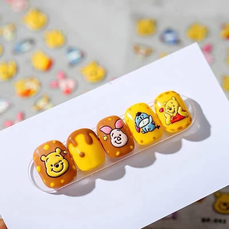 Dedyel Cute Nail Stickers 5D Embossed Cartoon Bear Nail Stickers Kawaii Animal Self-Adhesive Nail Decals for Women Girls Kids Nail Art Decoration