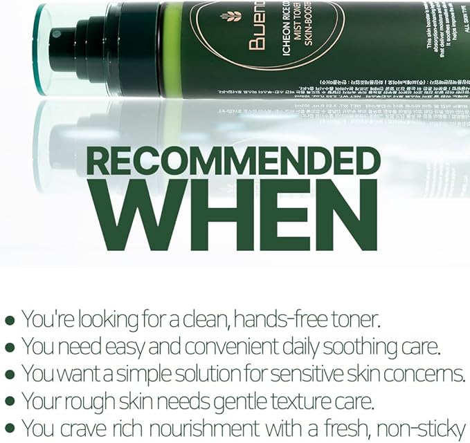 Bueno Icheon Rice Core Mist Toner, 3.55 fl.oz | Spray Toner with Icheon Rice Amino Acids for Soothing & Hydration | 100% Vegan Formula, Korean Skin Care