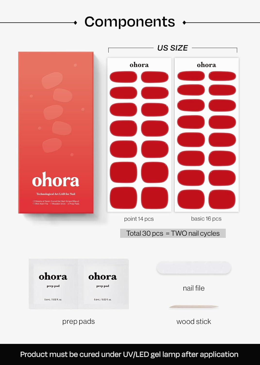 ohora Semi Cured Gel Nail Strips (N Hot Cherry) - Works with Any Lamps, Salon-Quality, Long Lasting, Easy to Apply & Remove - Includes 2 Prep Pads, Nail File & Wooden Stick