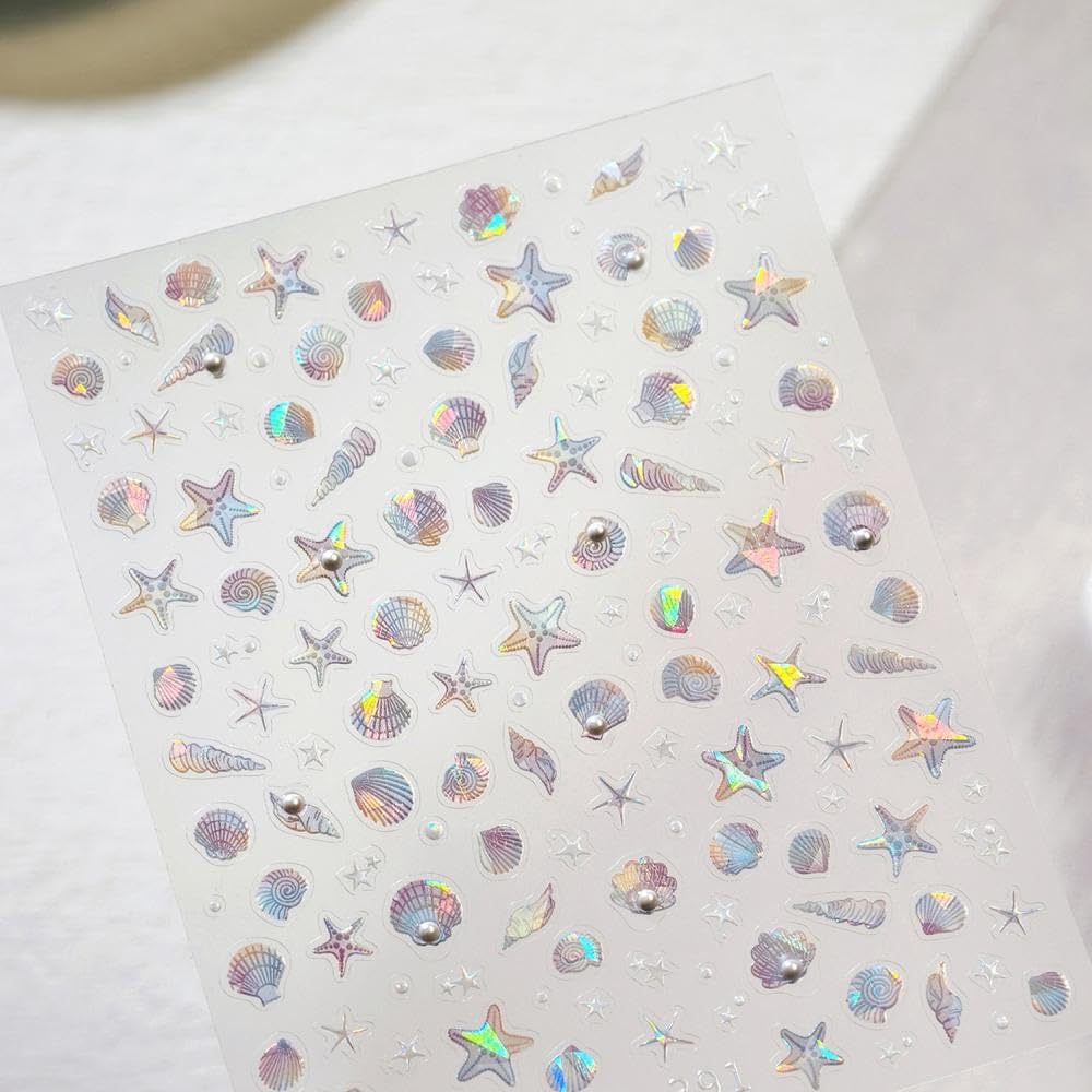 Aurora Ocean Nail Stickers Pearl Shell Conch Nail Designs Starfish Nail Decals 5D Embossed Silver Star Beach 3D Self-Adhesive Summer Nail Art Decoration for Women DIY Manicure 2 Sheets