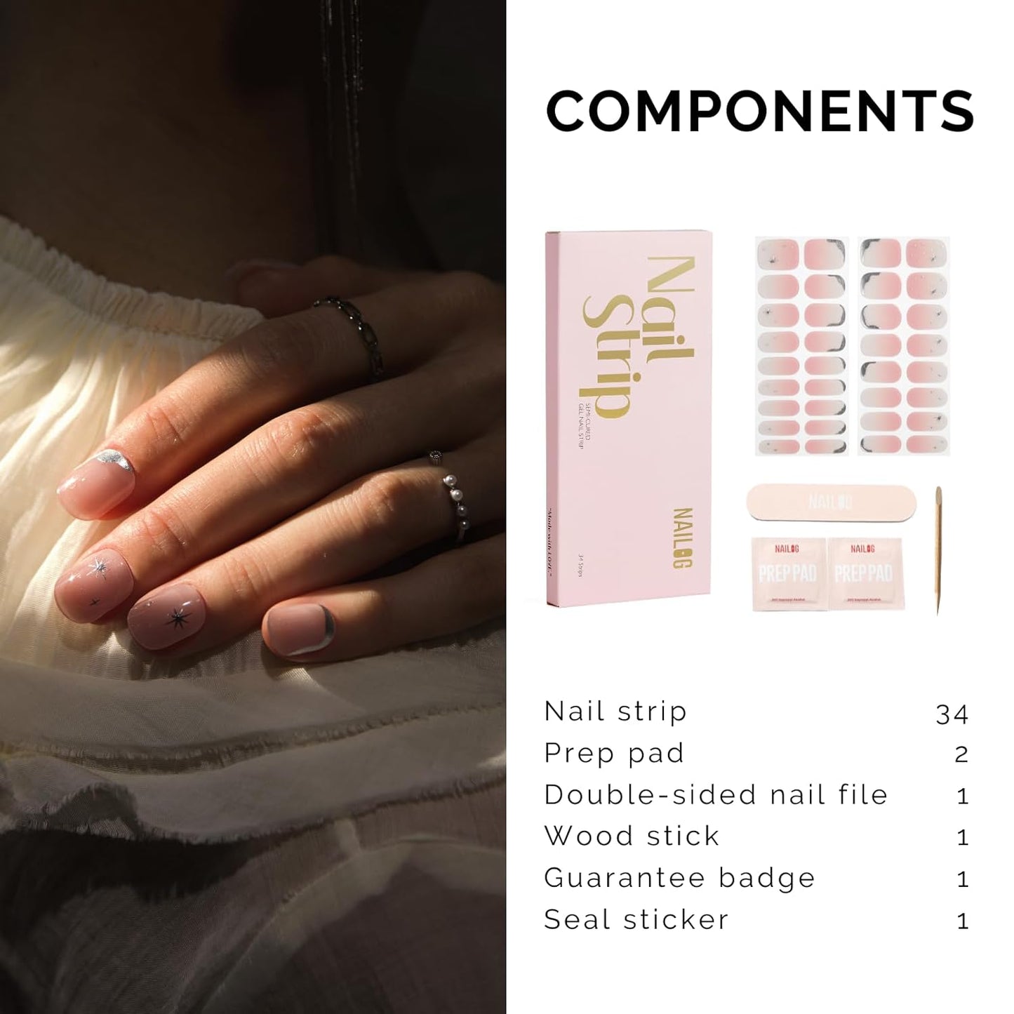Semi Cured Gel Nail Strips - NAILOG 34 Pcs Gel Nail Stickers Buy 2 Get 1 UV Light | Long Lasting Nail Wraps with Glossy Gel Finish Clear Pink, Star River