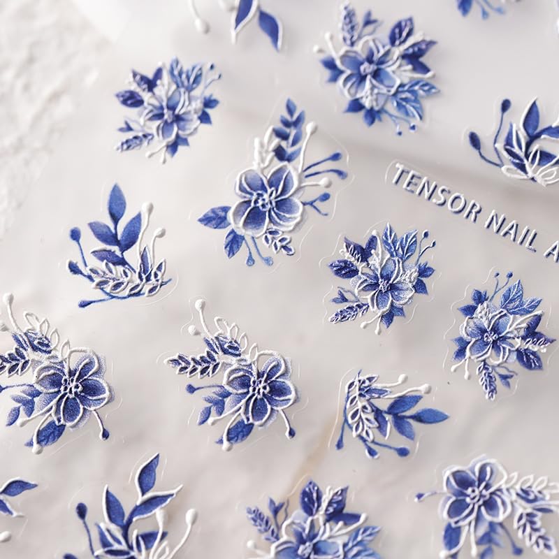 5D Embossed Nail Stickers Flower Nail Art Stickers Decals Self-Adhesive Floral Nail Supplies Blue Floral Leaf Nail Art Design Decorations Nail Art Decals for Women