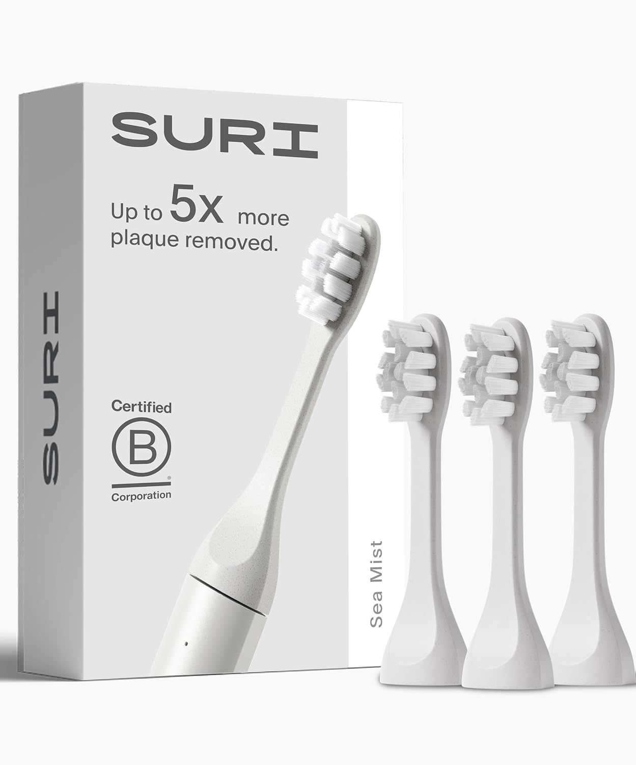 SURI Recyclable Plant-Based, Electric Toothbrush Heads - Built-in Tongue Scraper, Long Lasting Replacement Heads | Compatible Only with SURI Sonic Electric Toothbrush - Sea Mist, Pack of 3