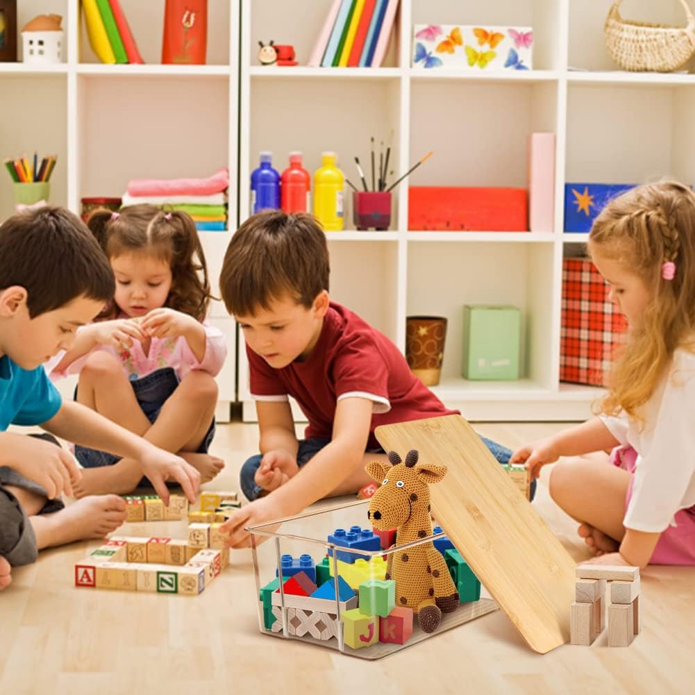 Hudgan 4 Pack Clear Plastic Storage Bins with Bamboo Lids, Stackable Storage Containers for Organizing Medicine Cabinet Organizer, Craft Room, Bread Box