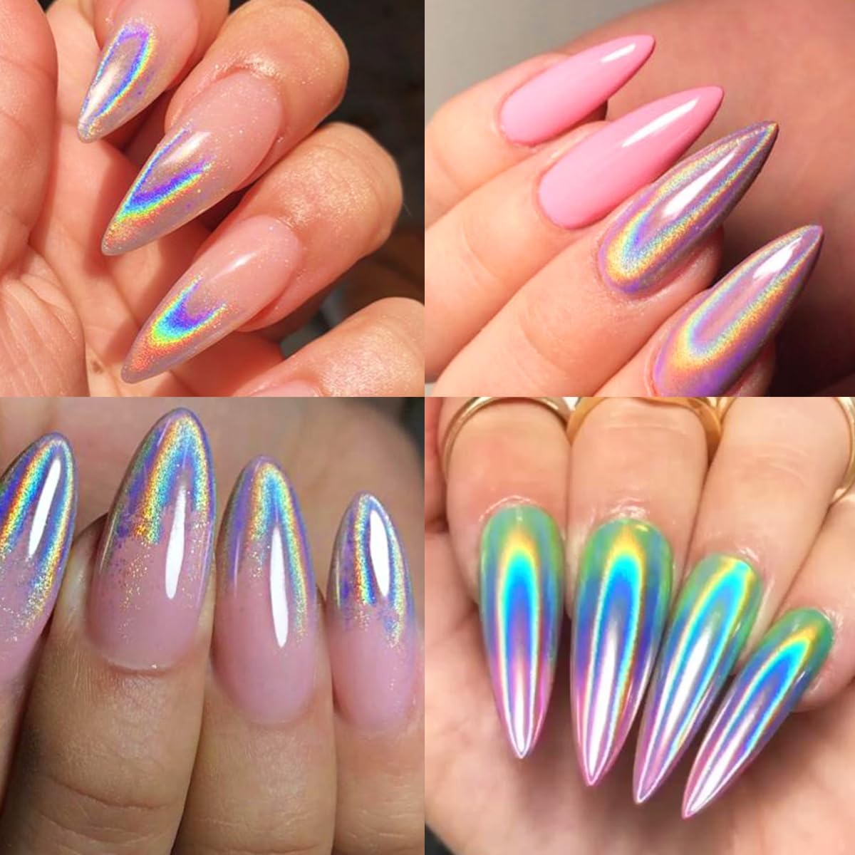 10 Colors Holographic Laser Nail Powder, Holo Aurora Iridescent Metallic Mirror Laser Effect Chrome Pigment Glitter Dust for Nail Art DIY Decorations, Sponge Tool/10PCS, Nail Swatch Sticks/24PCS