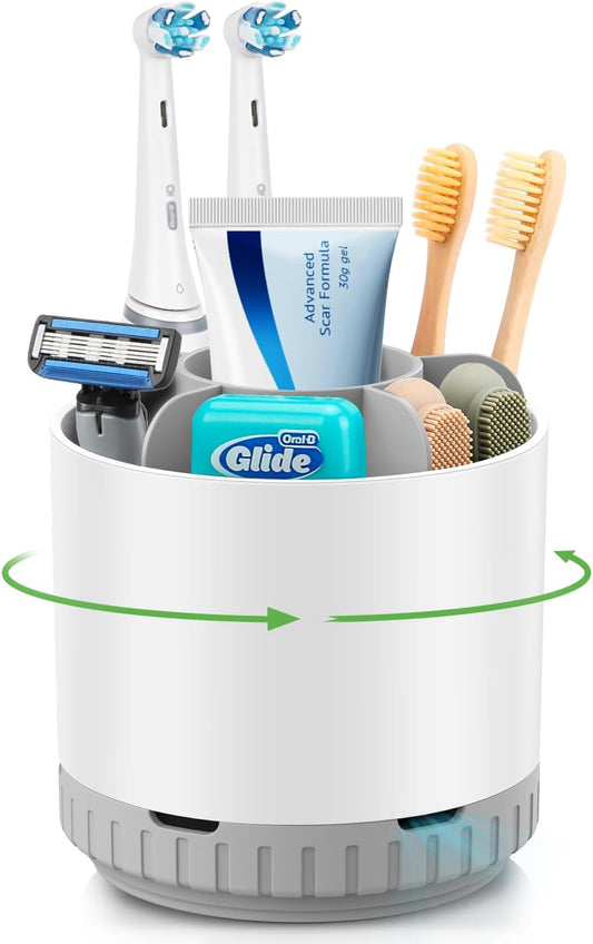 Toothbrush Holders for Bathrooms - White Rotating Kids Electric Toothbrush and Toothpaste Holder, Detachable 6 Slots Tooth Brush Organizer Bathroom Countertop Storage