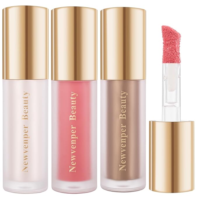 Face Blush+ Face Highlighter+ Face Contour with Brush Liquid Blush, Liquid Highlighter, Liquid Contour Long Lasting & Smooth Creamy Formula Lightweight Blush, Illuminator, Contour