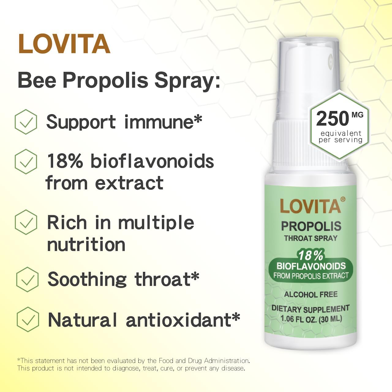 Lovita Bee Propolis Throat Spray, 18% Bioflavonoids, Alcohol-Free, Immune Support, Throat Soothing, Antioxidant, Gentle Taste, 1 Fl Oz (Pack of 1)