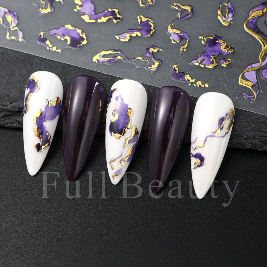 6 Pcs Embossed Marble Nail Stickers for Nails Art Gradient Marble Nail-Art Stickers Decals Self-Adhesive Nail Art Decals for Women Nail Supplies Art Design-Purple Blue Brown