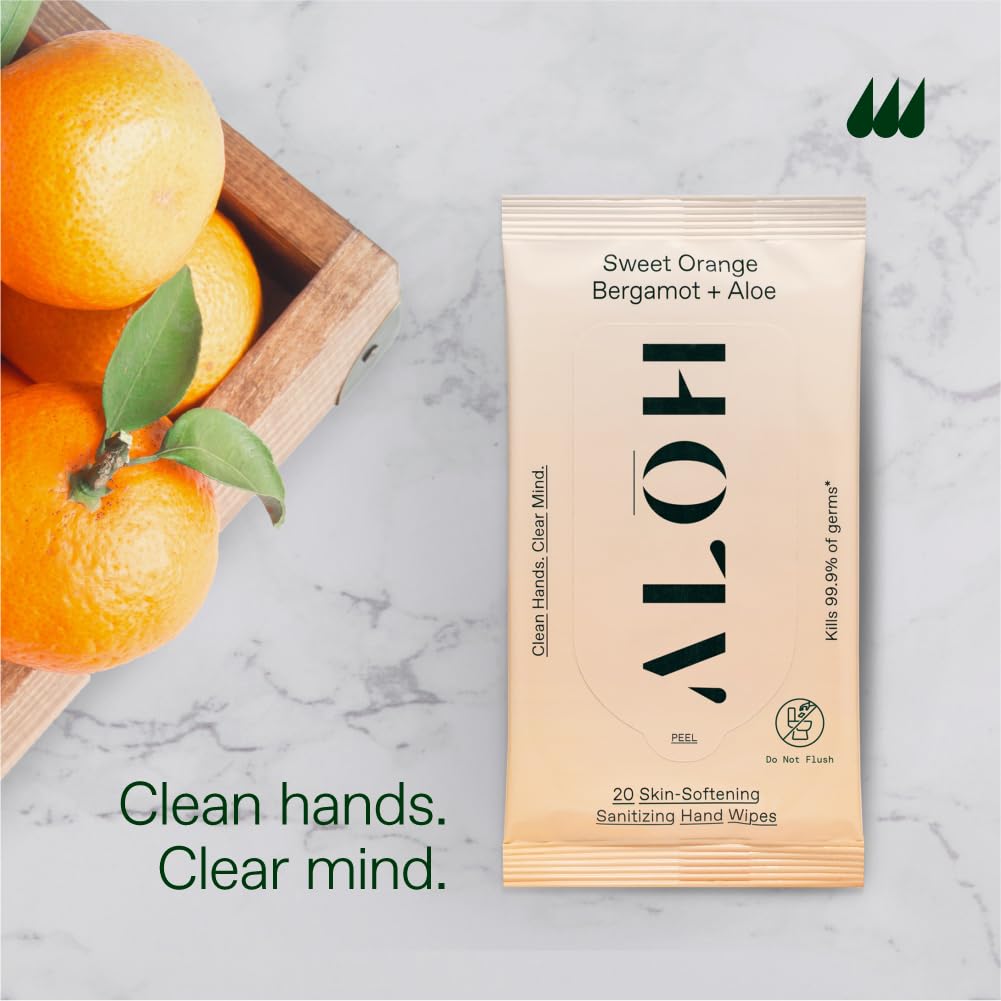ALŌH Sweet Orange Bergamot + Aloe Sanitizing Hand Wipes - Clean Hands, Clear Mind - On The Go Hand Sanitizer Wipes for Kids and Adults - Travel Size 6 Packs 20ct Wipes (120 wipes)