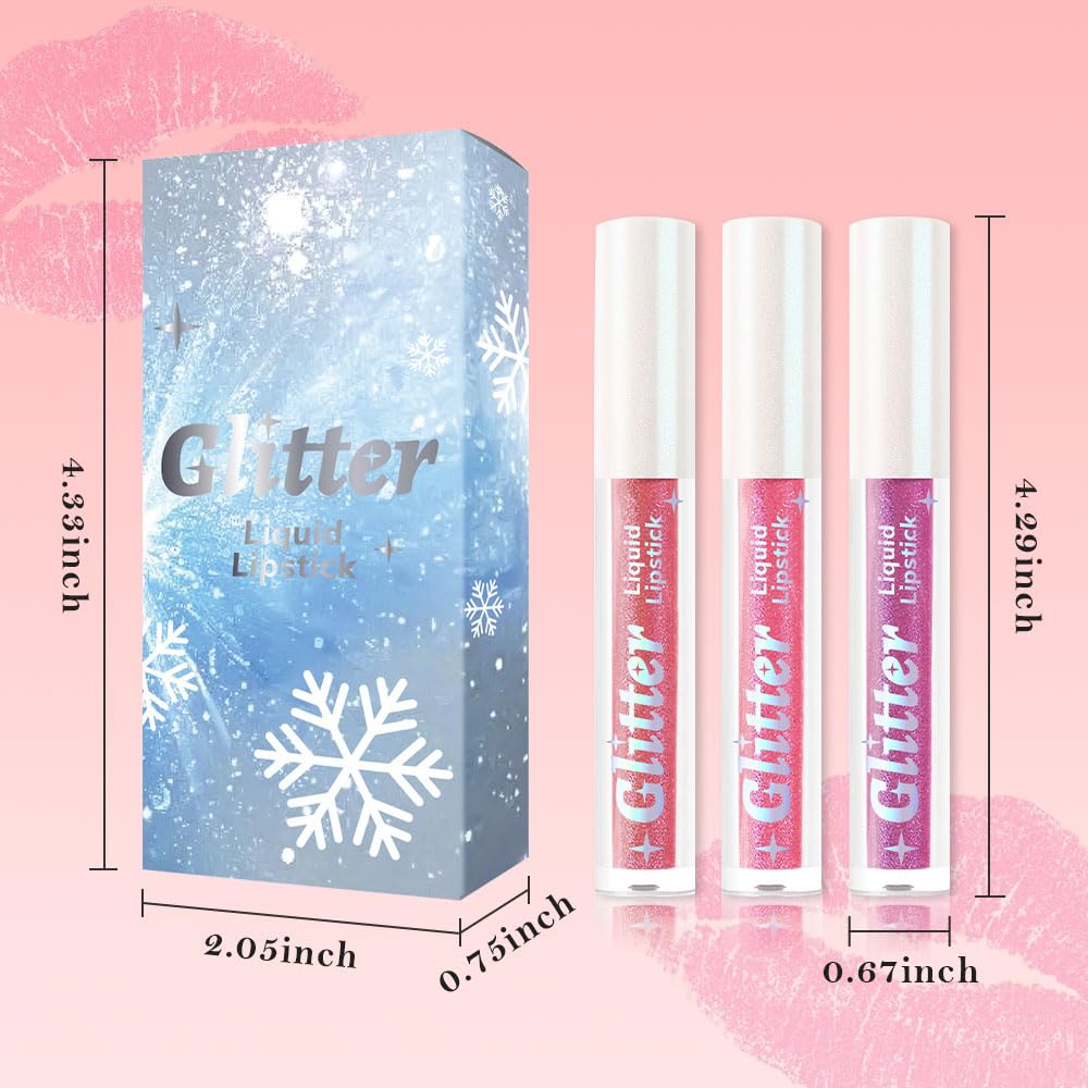 3Pcs Metallic Lipstick for Women,Lightweight Glitter Sparkling Liquid Lipsticks,Shimmer Lip Gloss Stain Long Lasting Waterproof Smudge Proof Non-Drying 24 Hour Full Coverage Lip Makeup,Vegan