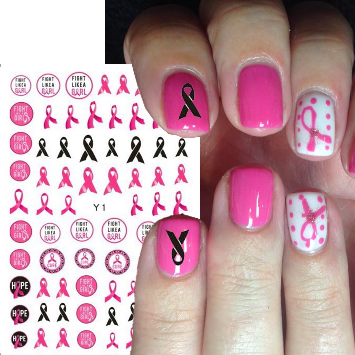 Breast Cancer Nail Stickers Pink Ribbon Nail Decals 3D Self-Adhesive Nail Art Stickers Heart Flower Letter Love Design Concern Female Awareness Manicure Supplies for Women 6 Sheets
