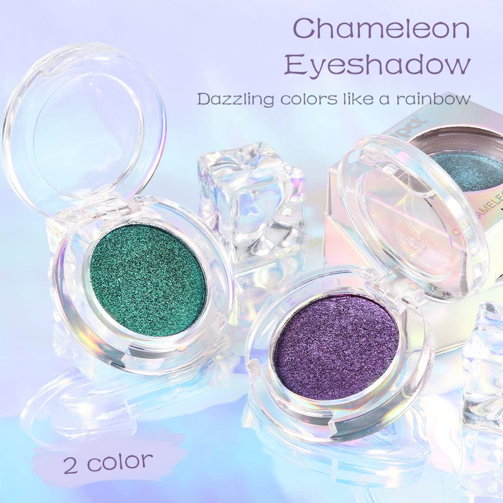 evpct 2Pcs Shimmer Teal Dark Sapphire Blue Bright Purple Multichrome Chrome Single Eye Shadow Palette Makeup for Older Women, Glitter Metallic Duochrome Chameleon Gothic Iridescent Eyeshadow Palette