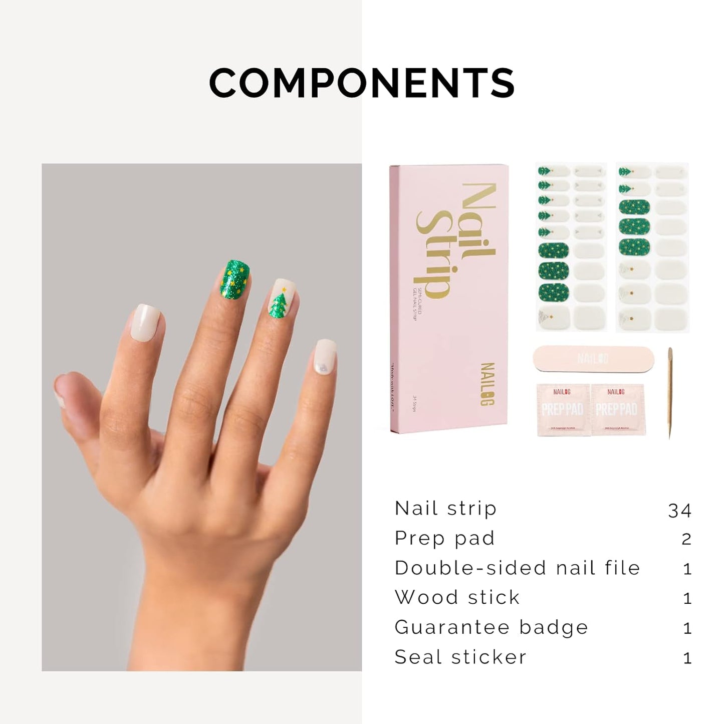 Nailog Semi Cured Gel Nail Strips 34 pcs| Long Lasting Nail Polish Sticker Wraps with Glossy Gel Finish, Twinkling Trees