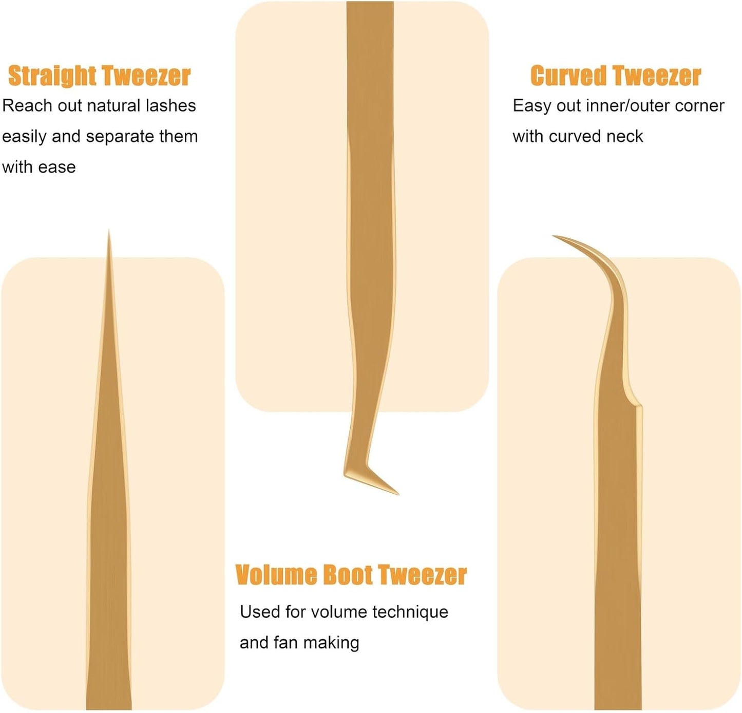 Lash Tweezers for Eyelash Extensions, Professional Eyelash Tweezer Set, Lash Extension Tweezer Kit (Set of 7, Gold)