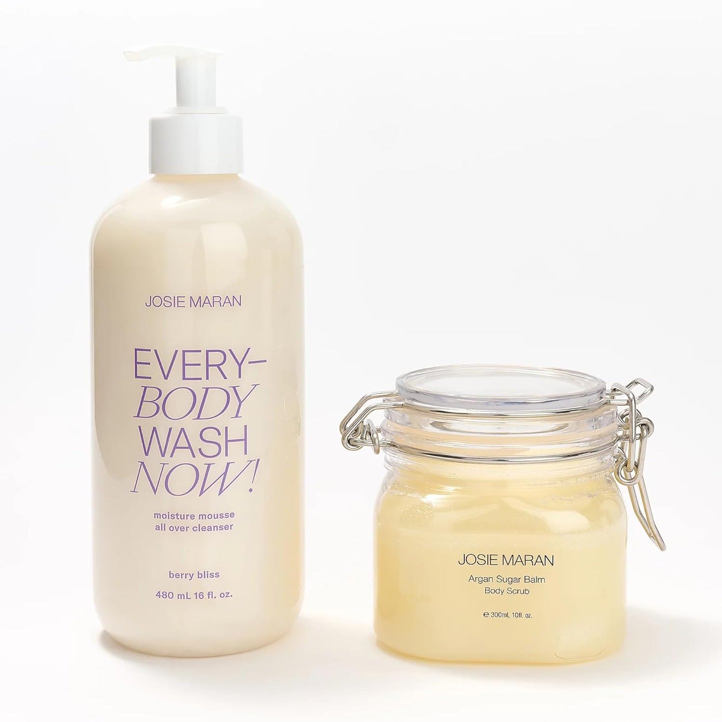 Josie Maran Sugar, Suds & Everything Nice Body Care Set - Includes EveryBODY Wash Now! and Argan Sugar Balm Body Scrub to Nourish & Exfoliate Skin - Berry Bliss (2 Count)