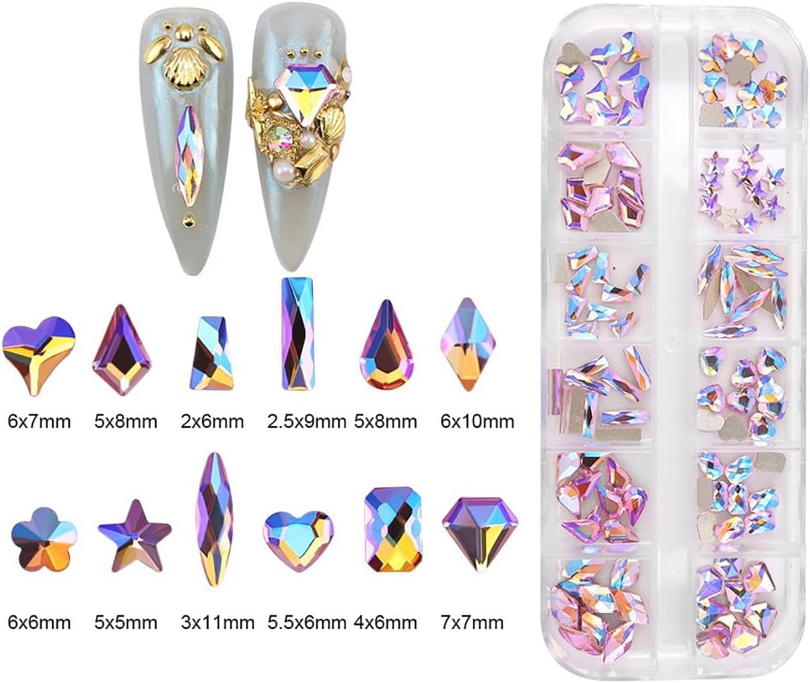 120pcs Flatback Rhinestones Glass Charms Diamantes Gems Stones for Nail Art Box Multi Shapes Pink AB