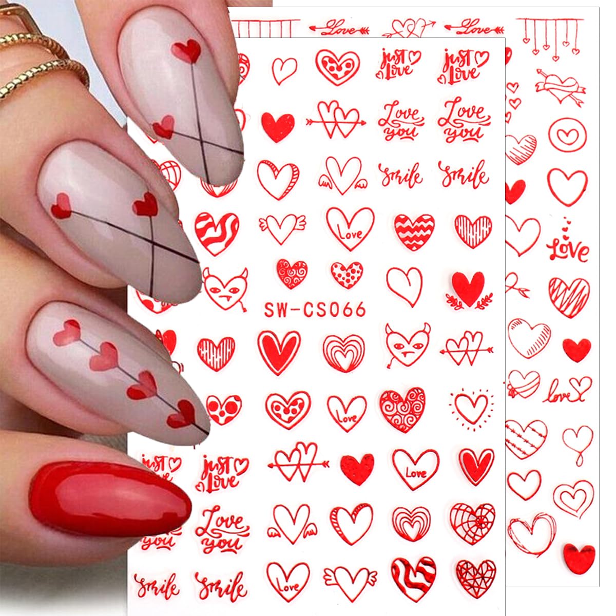 8 Sheets Valentines Nail Stickers Decal 3D Self-Adhesive Romantic Red Heart Nail Art Stickers Love Hearts Nail Design Acrylic Nail Art Supplies Valentines Day Nail Decals for Women DIY Nail Decoration