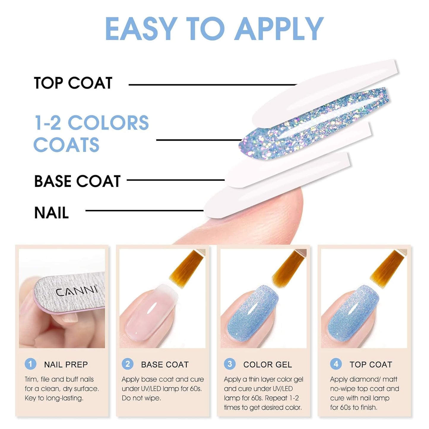 CANNI 1 Pcs Glitter Blue Gel Nail Polish, Shimmer Sparkly Blue Colors Gel Polish Soak Off Led Nail Art Gel Manicure Salon DIY