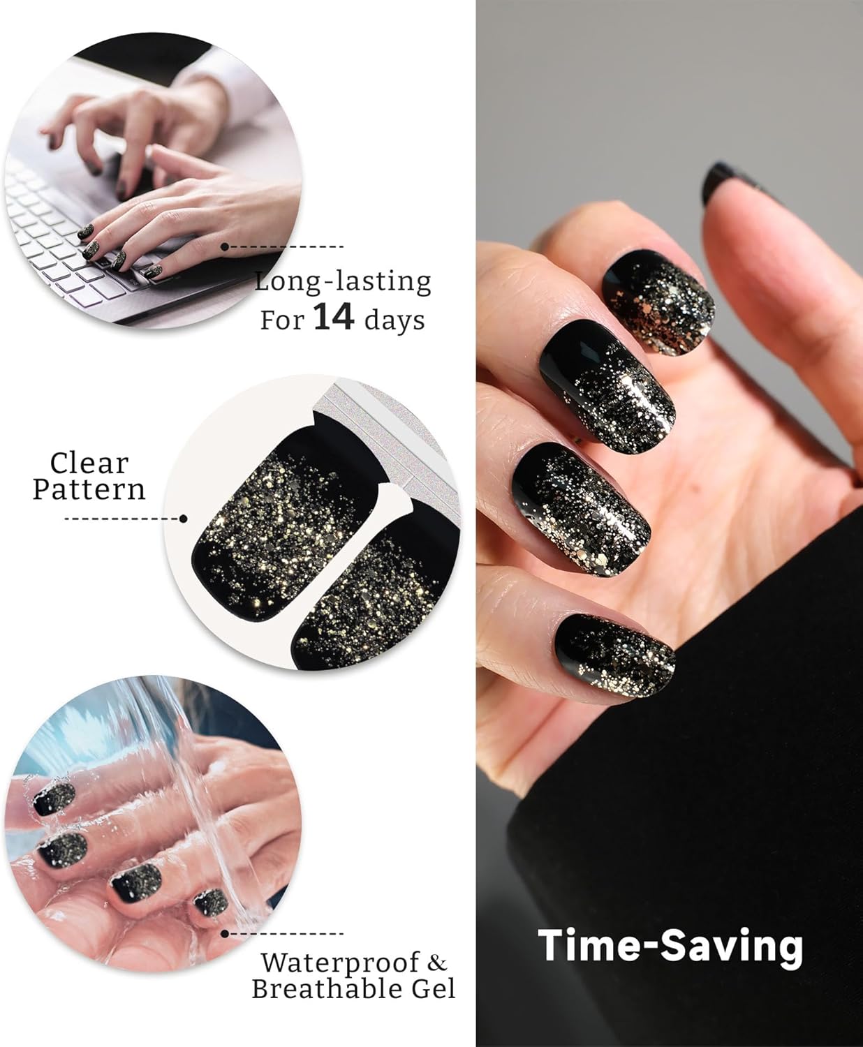 Glitter Nail Polish Strips, 32 Pcs Salon Quality Gel Nail Stickers, Long Lasting Wraps Easy to Use & Remove (Fireworks in The Dark)