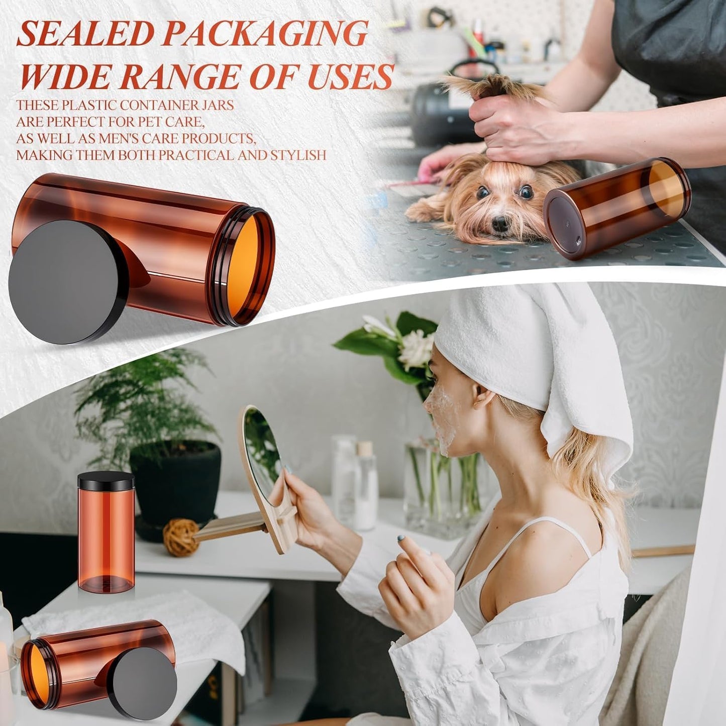 SATINIOR 24 Pieces Empty Clear Plastic Jars with Lids Round Storage Containers Wide Mouth for Beauty Product Cosmetic Cream Lotion Liquid Butter Craft and Food(Amber Lid,32 oz)