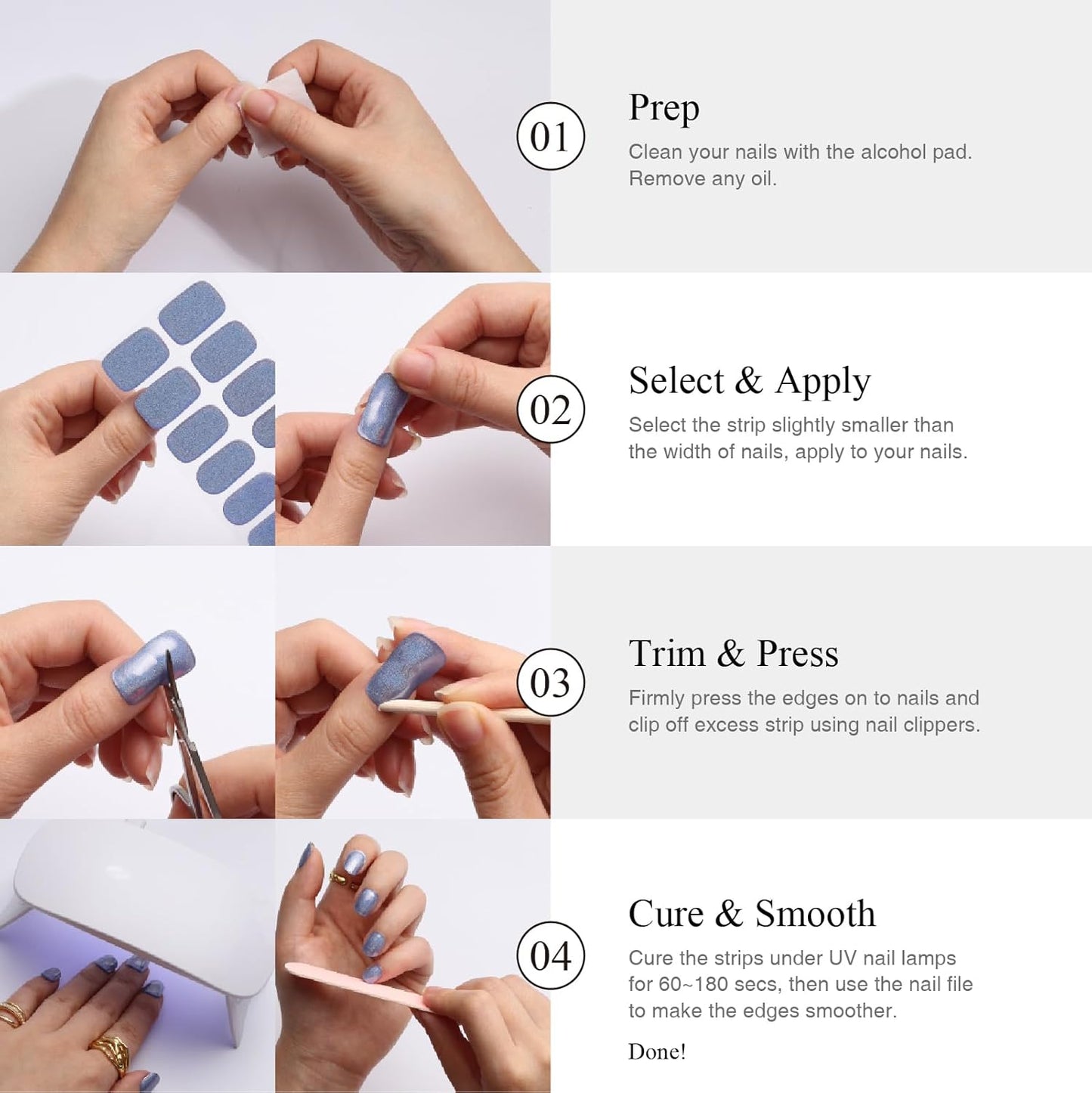 Semi Cured Gel Nail Strips, 20 PCS Gel Nail Stickers Work with UV Light, Salon Quality & Easy to Use - Morandi Blue