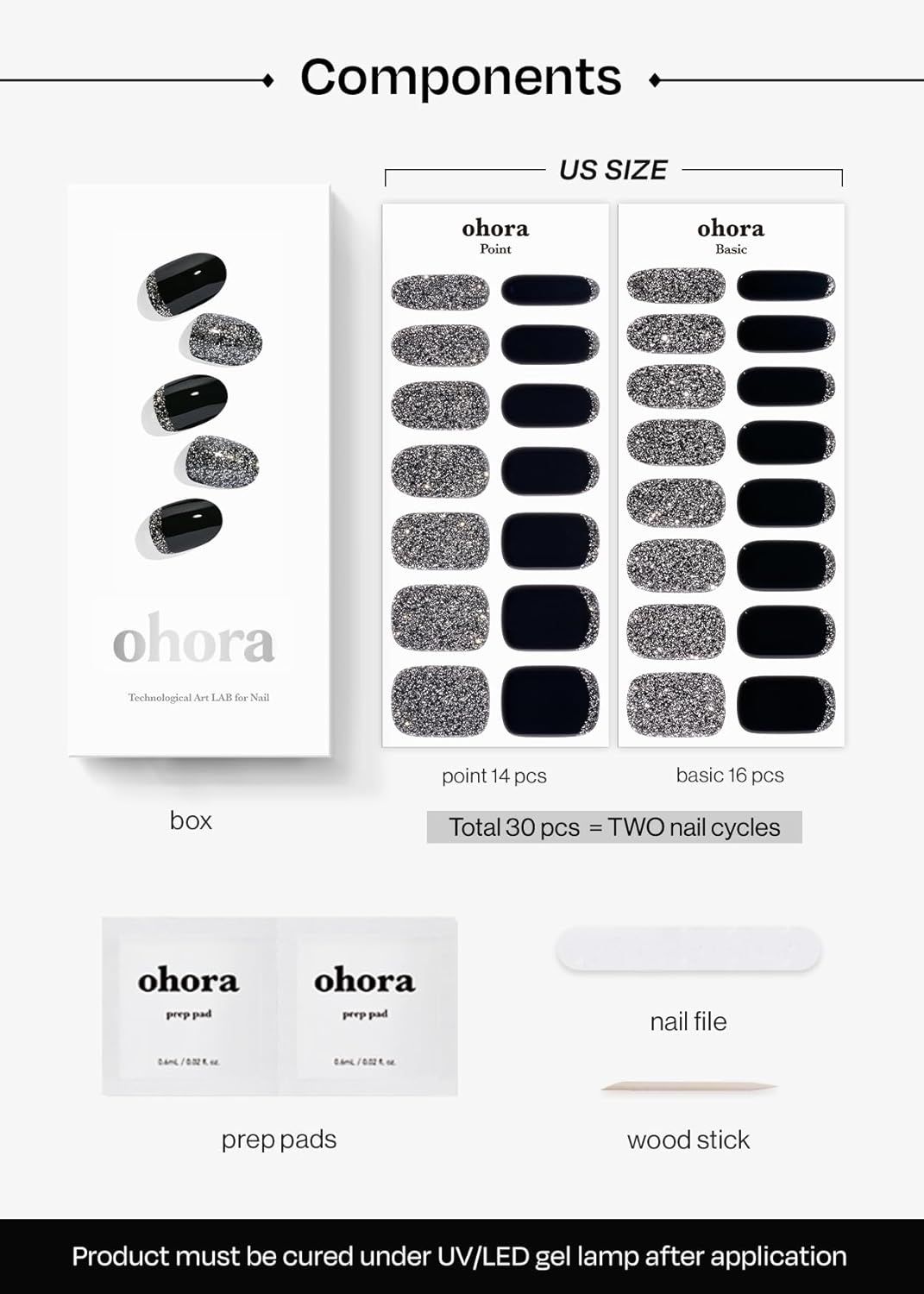 ohora Semi Cured Gel Nail Strips (N Party Night) - Dark, Glitter, Works with Any UV/LED Lamps, Salon-Quality, Long Lasting, Easy to Apply & Remove - Includes 2 Prep Pads, Nail File & Wooden Stick