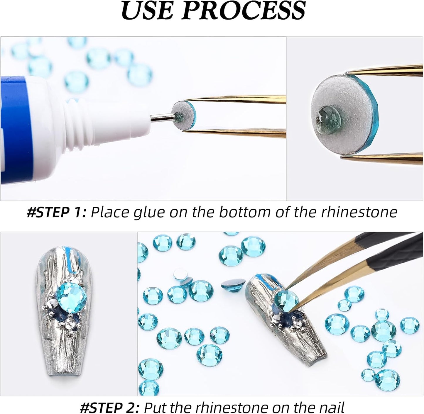 Aquamarine Flatback Rhinestones, Glass Rhinestones for Nail Art and Craft, Glue Fix, Loose Crystal Gemstones(Aquamarine, SS12, 1440pcs, 2.9-3.0mm)