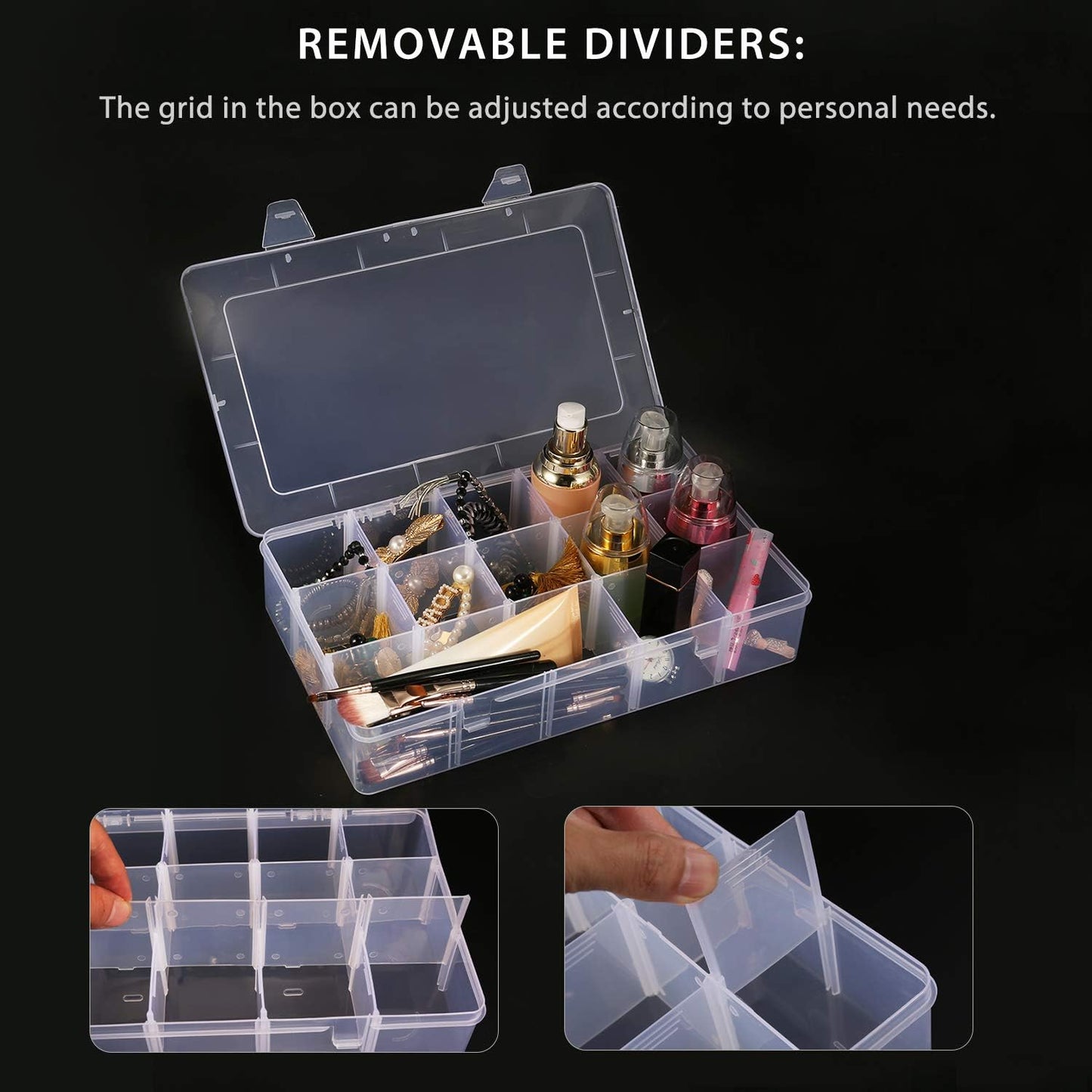 2 Pack 15 Grids Clear Plastic Organizer Box with Adjustable Dividers, Craft Storage Containers for Jewelry, Beads, Screws, Tackle Box, Washi Tapes, Small Parts Organizer for Arts and Crafts
