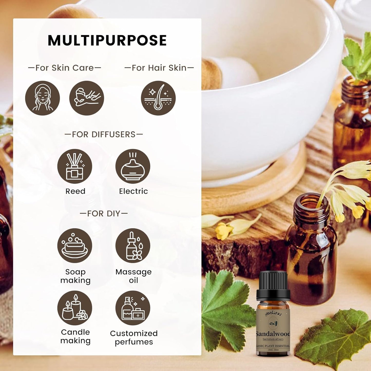 yethious Jasmine Sandalwood Essential Oil 100% Pure Organic Essential Oil Set for Aromatherapy Diffuser, Soap, Candle Making