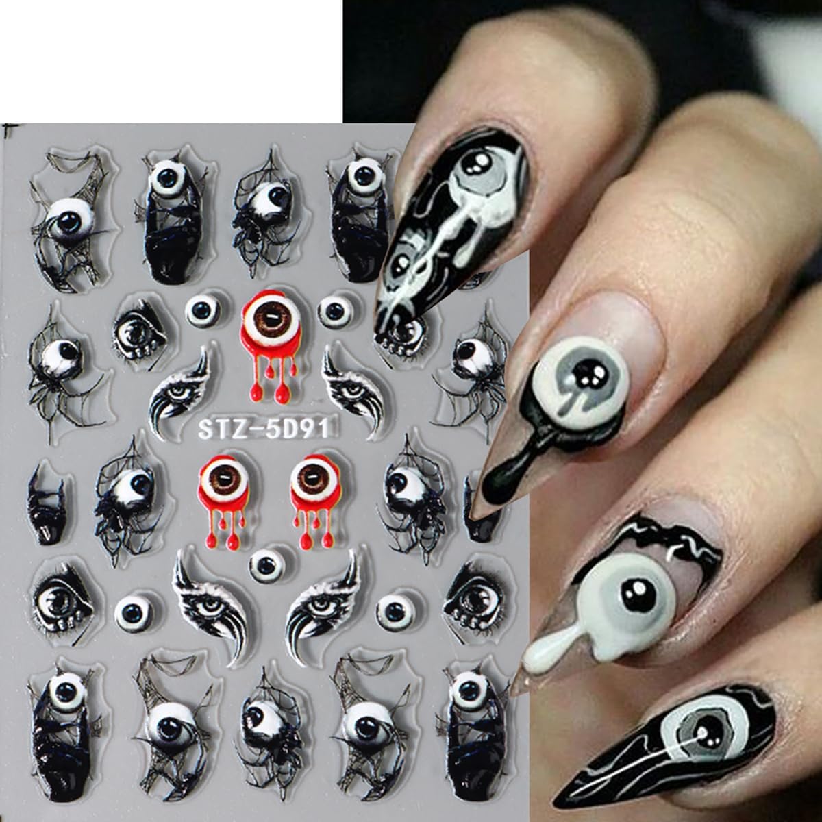 5D Halloween Nail Art Sticker - Embossed Horror Ghost & Skull Decals with Flame, Spider Web, Bat, Evil Eye & Skeleton Designs - Self-Adhesive for Women - 8 Sheets