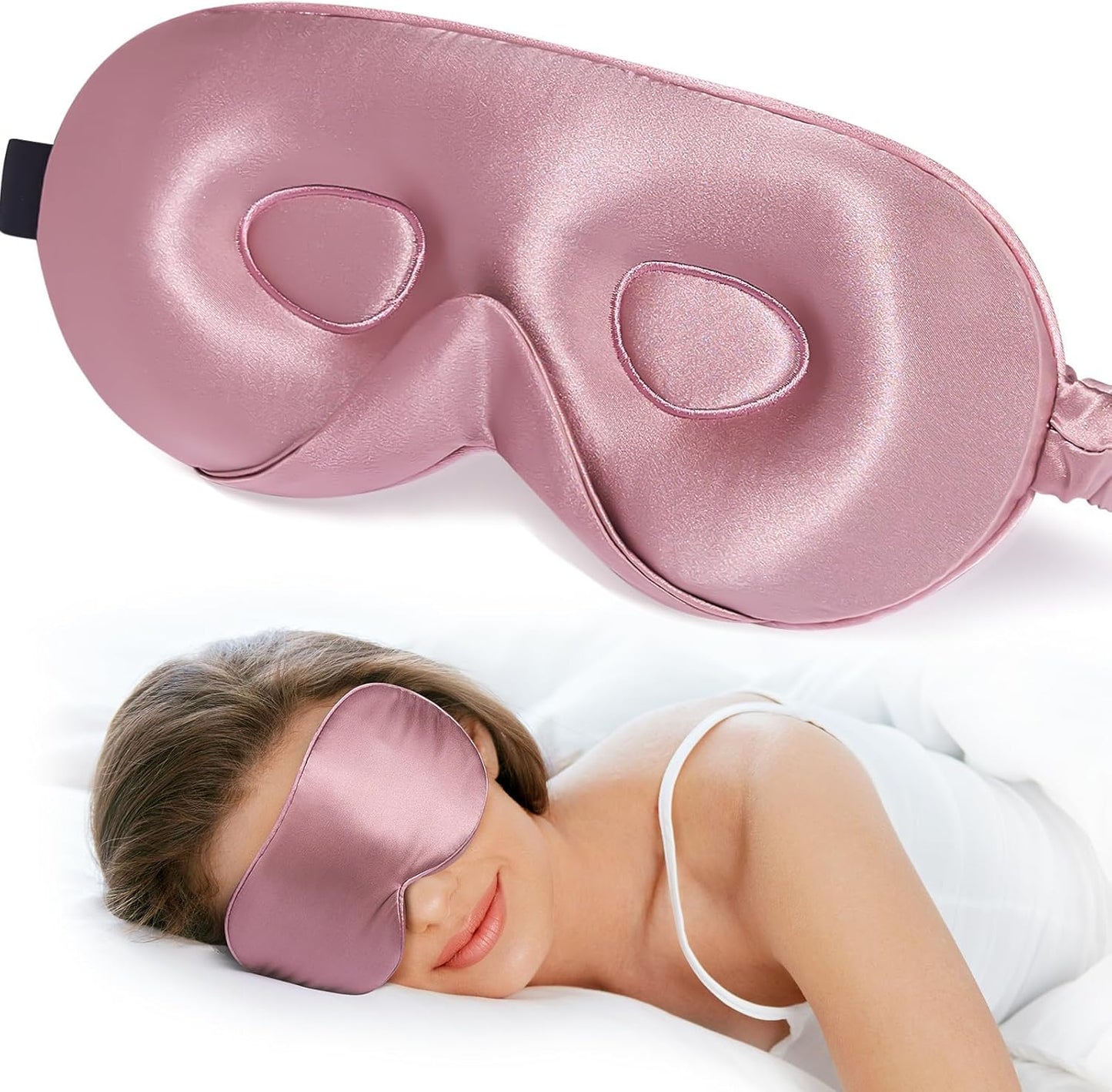 LitBear 100% 22 Momme Mulberry Silk Sleep Mask - 3D Contoured Eye Mask for Men Women, Soft Breathable Sleeping Mask with Adjustable Strap, Perfect Blocks Light for Sleeping (Bean Pink)