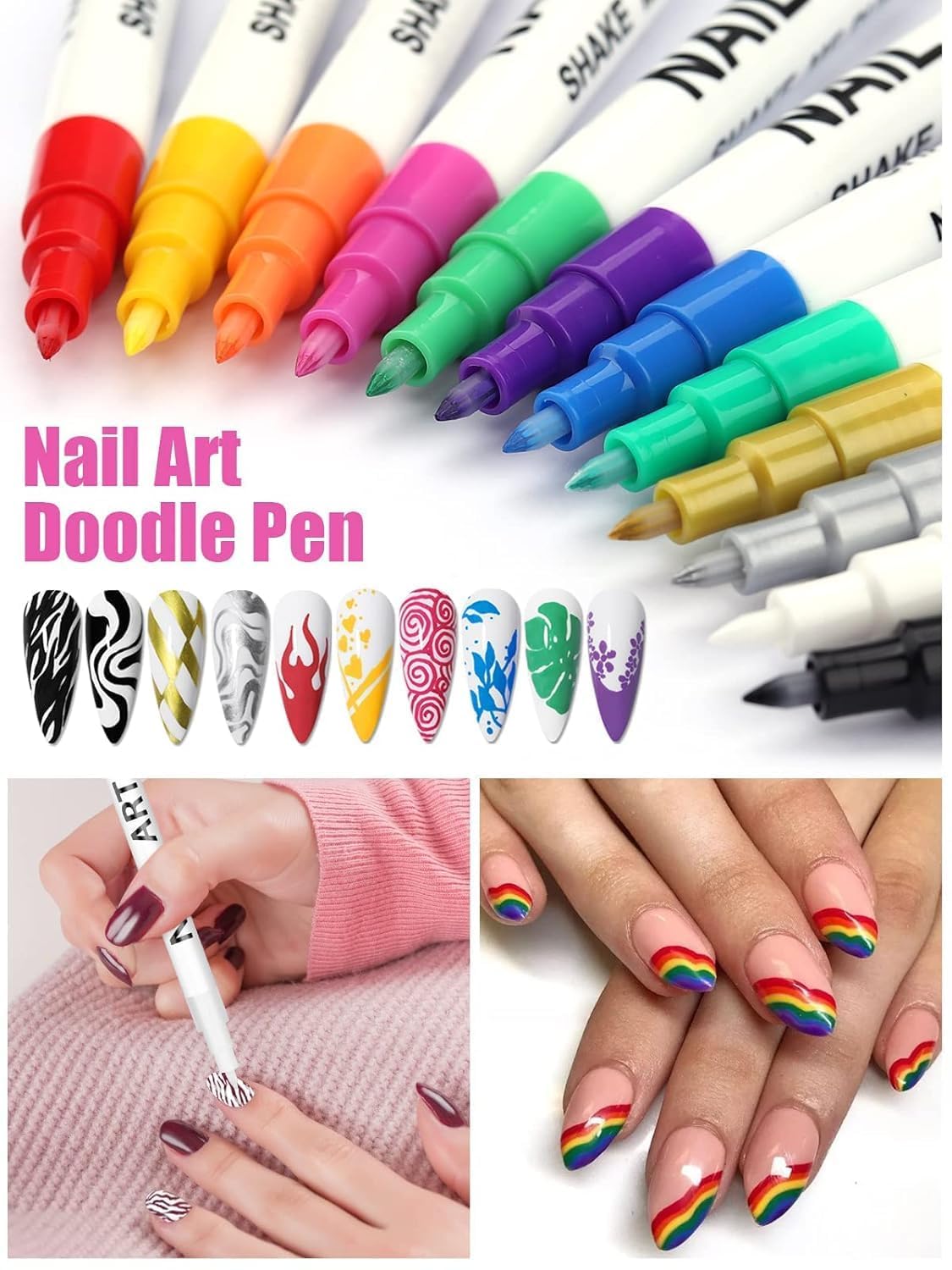 Kalolary 12 Color 0.7MM Nail Art Pens Set, 3D Nail Polish Pens Nail Point Graffiti Dotting Pen Drawing Painting Liner Brush for DIY Nail Art Beauty Adorn Manicure Tools