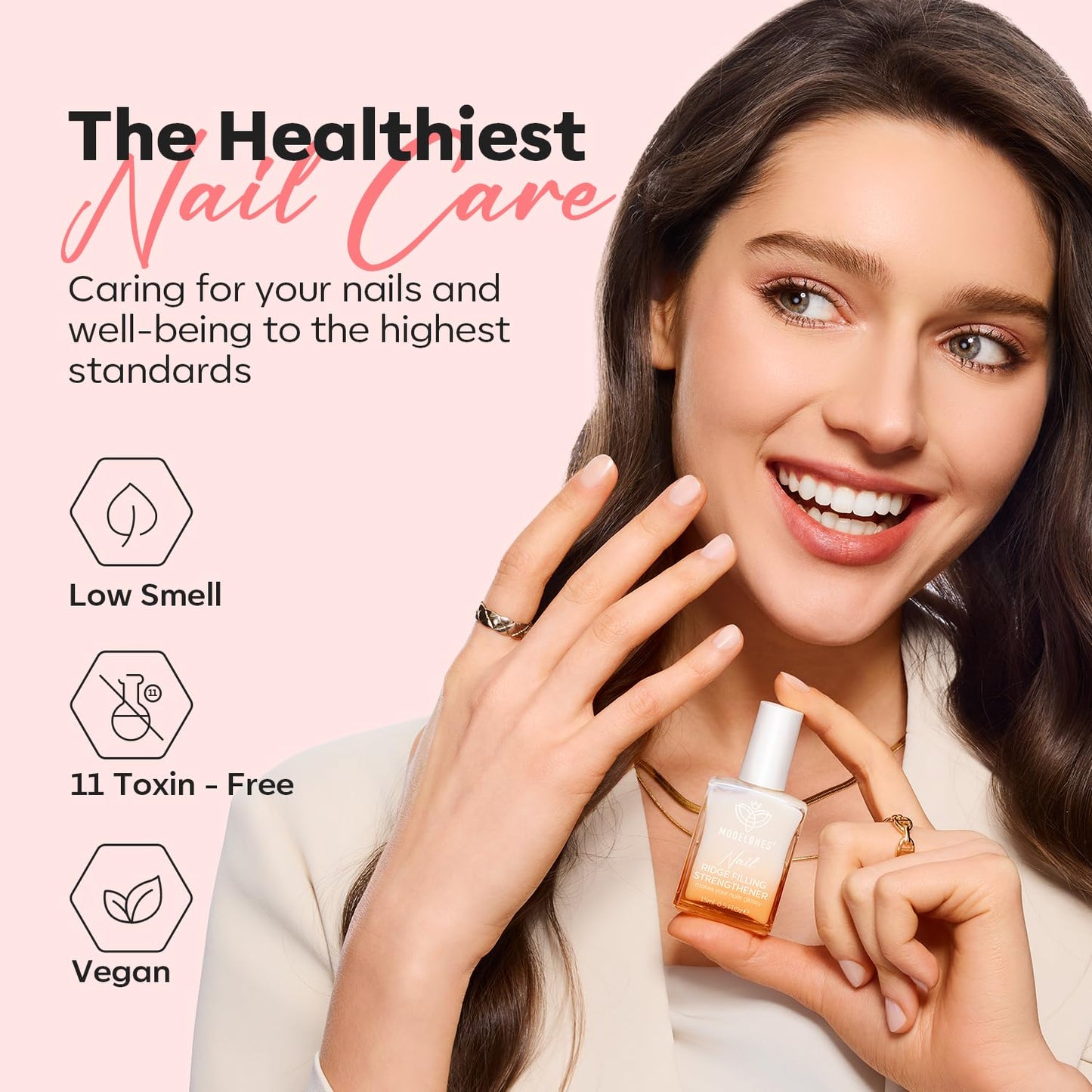 modelones Nail Strengthener Glitter Pink Nail Polish Nail Repair for Damaged Nails Hardener and Growth Polish Nail Care15ml