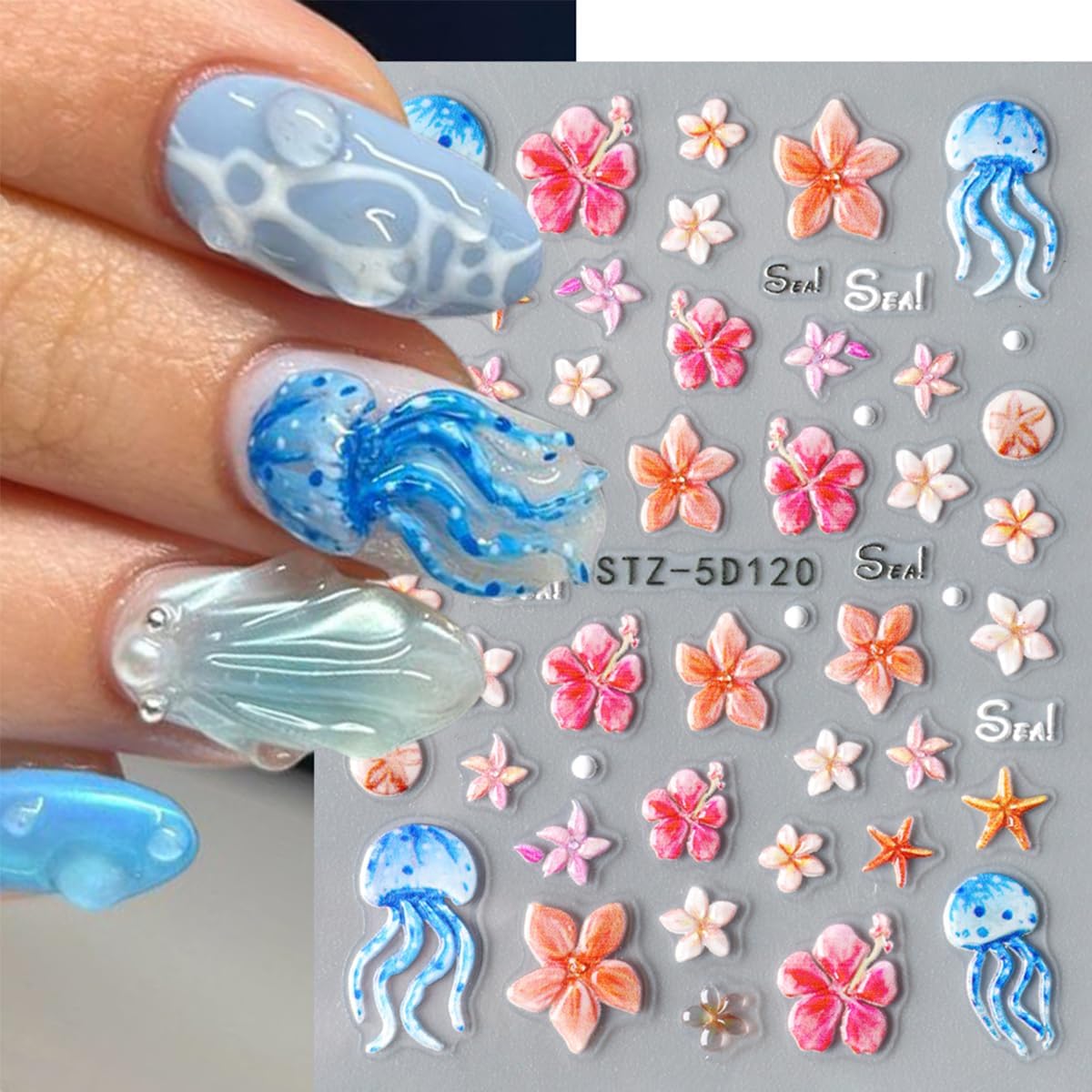 Summer Nail Art Stickers Decals Starfish Jellyfish Flower Nail Stickers Self Adhesive Nail Design 5D Embossed Nail Decals Ocean Theme Summer Manicure Sliders Accessories for Women DIY Nails Decoration