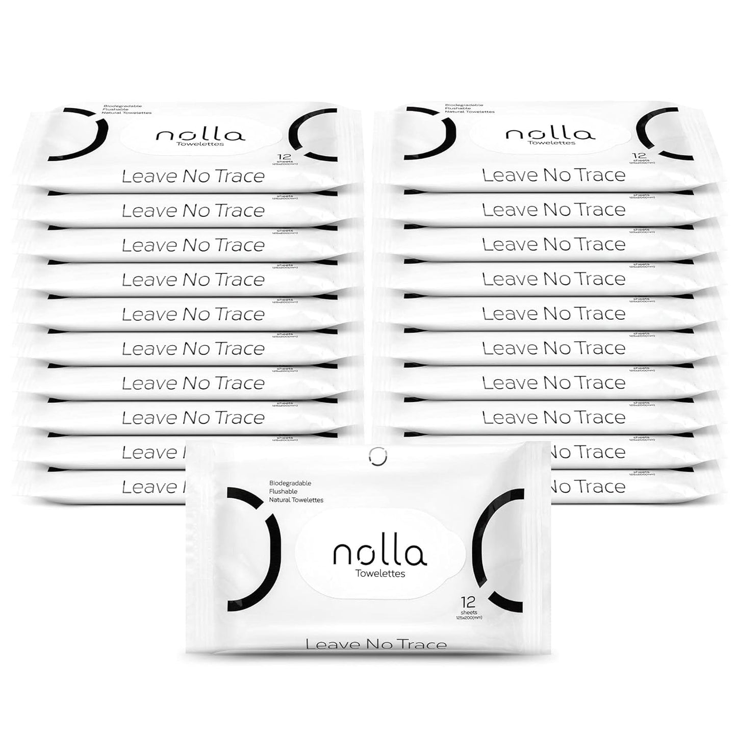 Nolla Flushable Wipes Travel Packs, 100% Plant-Based, Plastic-Free and Biodegradable - Unscented + Soothing Aloe and Vitamin E 240 Count (20 Packs of 12)