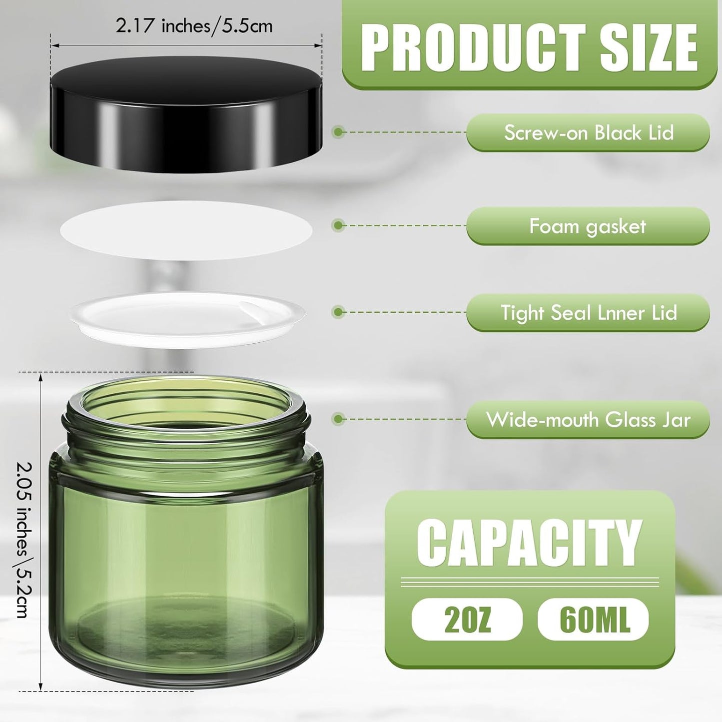 Domensi 32 Pcs 2 oz Glass Jars with Lids Travel Size Round Leakproof Empty Cosmetic Jars with Inner Liners Lid for Storing Makeup Lotions Face Cream Ointments Candle DIY Making (Olive Green)