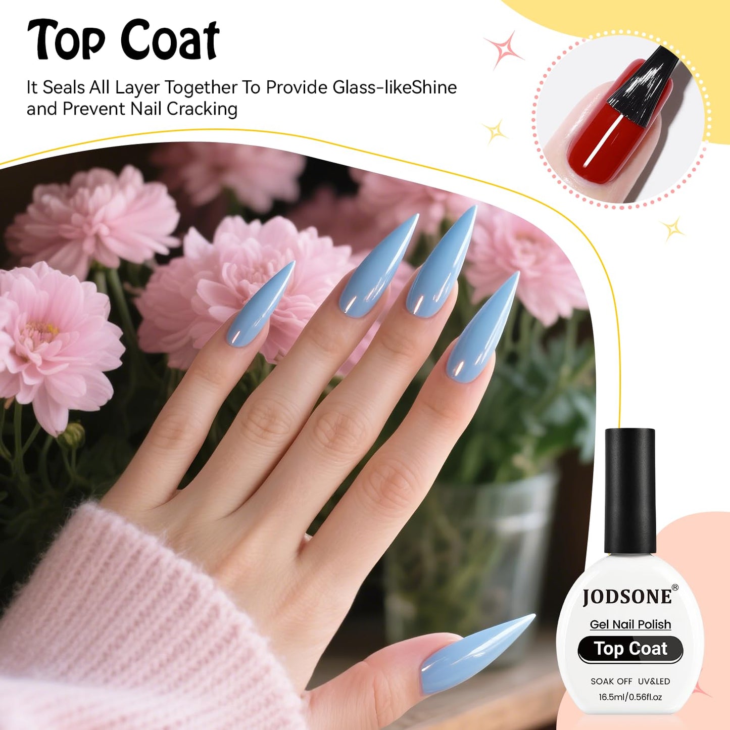 JODSONE 2Pcs 16.5ml Gel Top Coat No Wipe Clear Glossy Shine Finish Long Lasting No Soak Off Nail and Need U V Lamp Cured For Salon DIY Nail Art Design