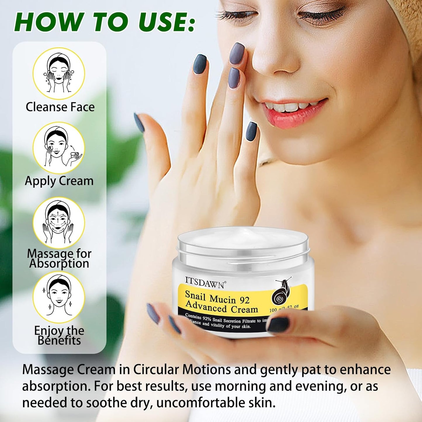 2 Pack Snail Mucin 92% Face Cream 100g, Moisturizer Hydrating Cream for Dry & Sensitive Skin, All Skin Types