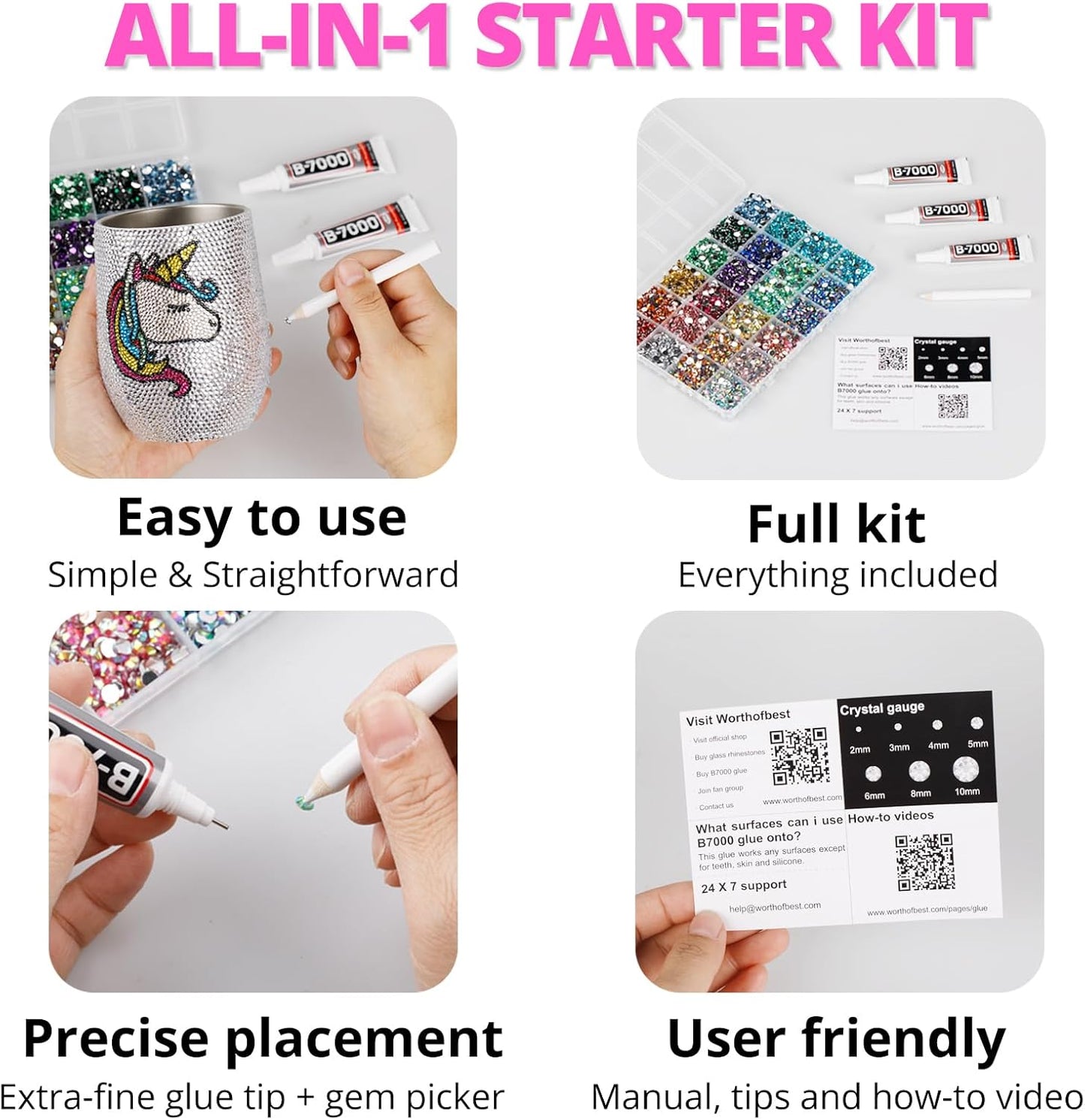 30000Pcs Resin Rhinestones Set for Crafting Bedazzling, Hot Pink Flatback Gems Jewels Crystals for Crafts Clothes Shoes Fabric Shirts Tumblers Cups, Flat Back Bedazzler Kit with b 7000 Glue