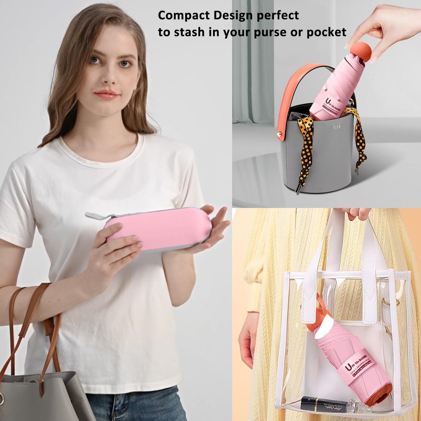 BAODINI Travel Mini Umbrella for Purse With Case Small Compact UV Sun Protection Sun Lightweight Tiny Pocket Umbrella for Women Kids and Men