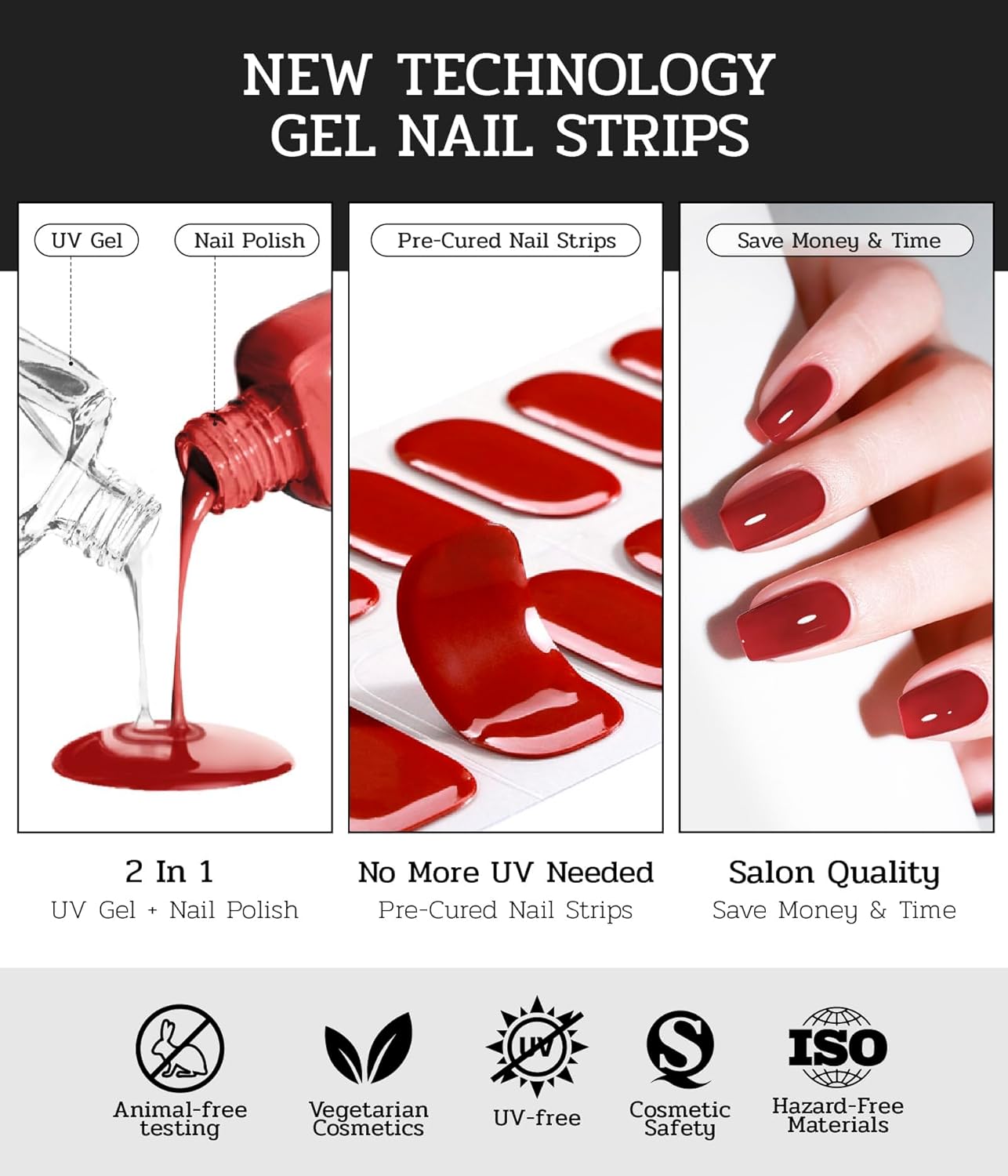 Nail Polish Strips - 22 Pcs Salon Quality Gel Nail Stickers - Long Lasting Wraps (Date Red)