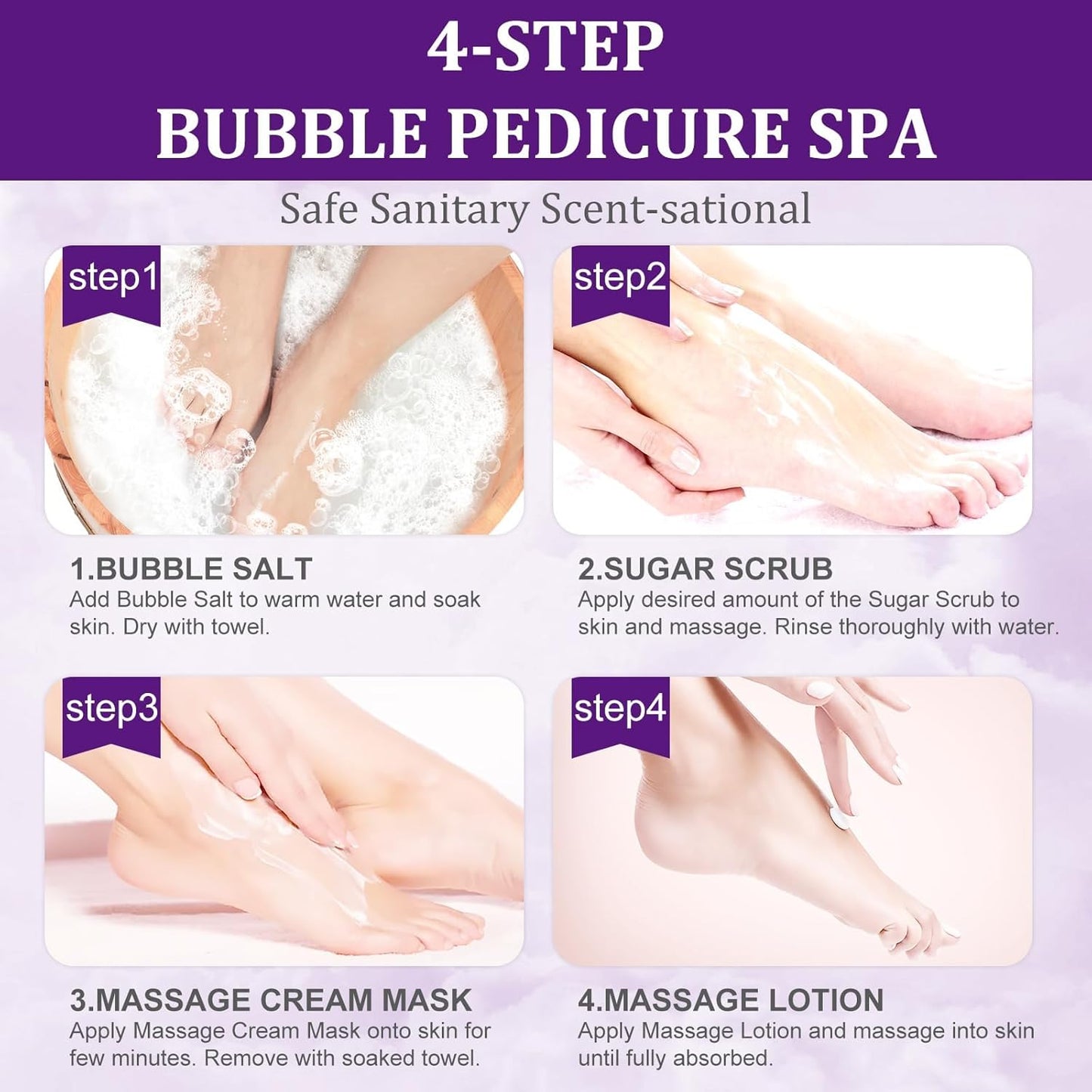Pedicure Kit Foot Soak Set: Bubble Salt, Sugar Scrub, Massage Mask, Massage Lotion in a Box, 4 Step Foot Spa Kit for Dry Feet, Softens Calluses, Tired Feet(3 Set Lavender)