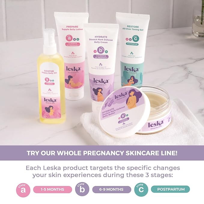 Leska Maternity Stages B & C Set | HYDRATE Belly Cream & RESTORE All-Over Toning Gel | Pregnant Moms Months 6-9 and Postpartum | Part of Complete 3-Part Maternity Skin Care System (Set of 2, 4oz each)