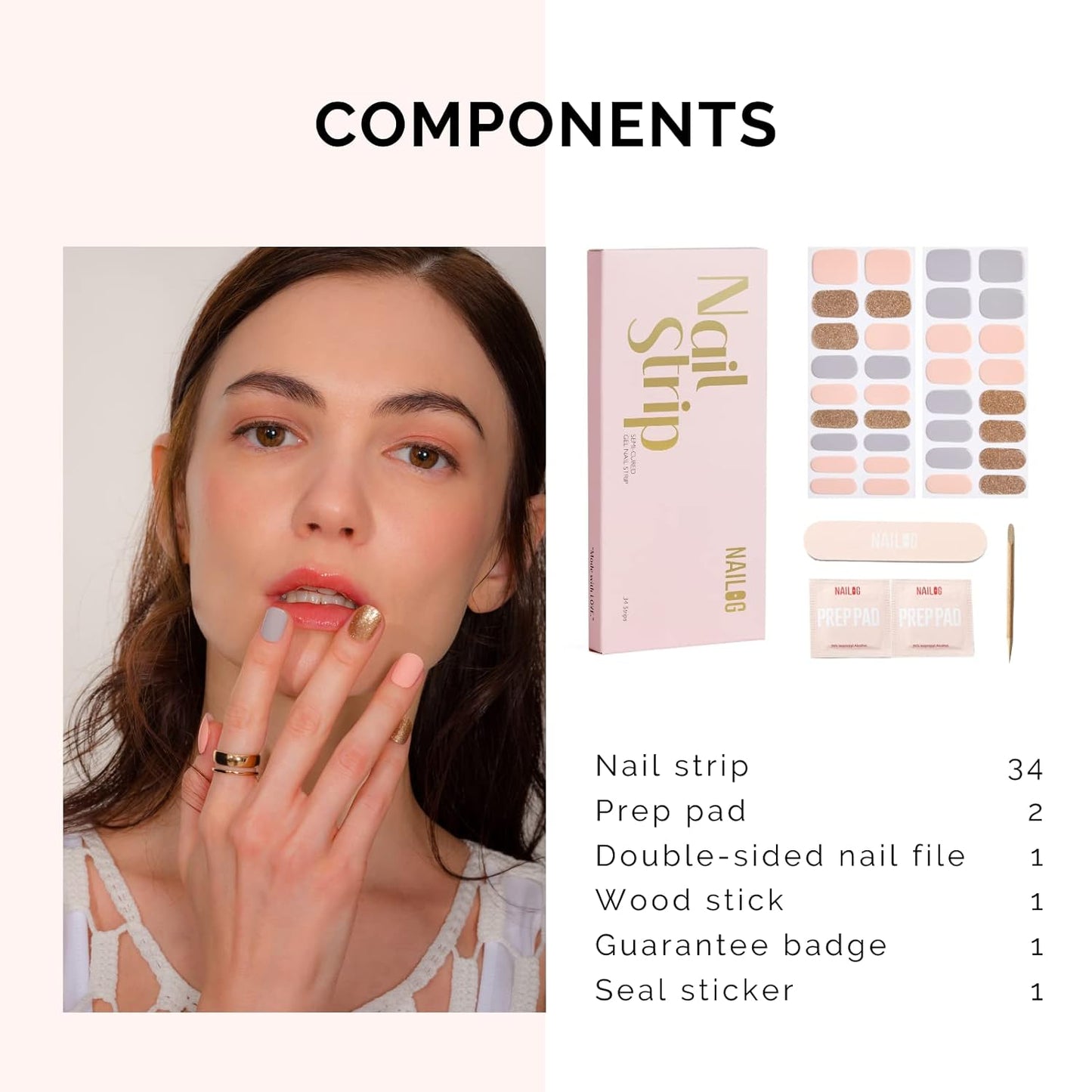 NAILOG Semi Cured Gel Nail Strips 34 pcs, Buy 2 Get 1 UV Lamp, Salon-Quality Gel Nail Stickers, Semicured Nail Wraps with Soft Gel Finish | Summer Soiree