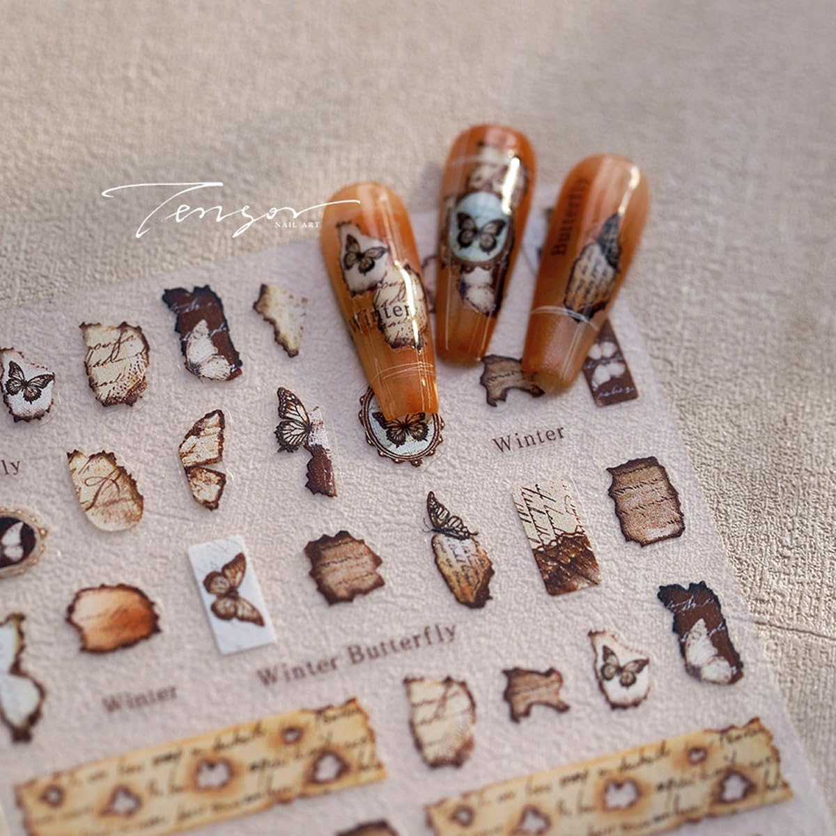 Winter Butterfly Nail Stickers for Nail Art Rustic Paper Nail Decals Vintage Stickers for Nails Designs Self Adhesive Nail Art Supplies & Decorations for Women Girls,1 Sheet DIY Manicure Decor