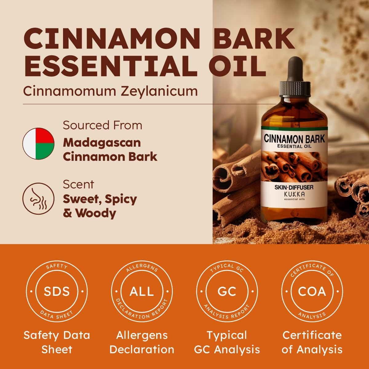 Kukka Cinnamon Essential Oil for Skin & Diffuser - 4 Fl Oz - Cinnamon Oil, Aromatherapy and Candles, DIY Soap Making Scents