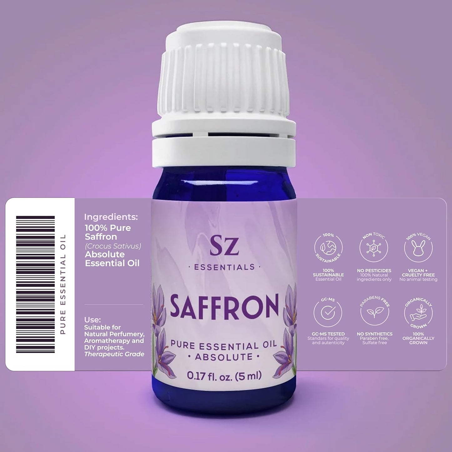 Saffron Essential Oil, 100% Pure, Extracted from Stigmas of The Saffron Flower - Spicy & Floral Scent with Earthy Overtones - Therapeutic Grade & Vegan - 0.17oz (5ml)