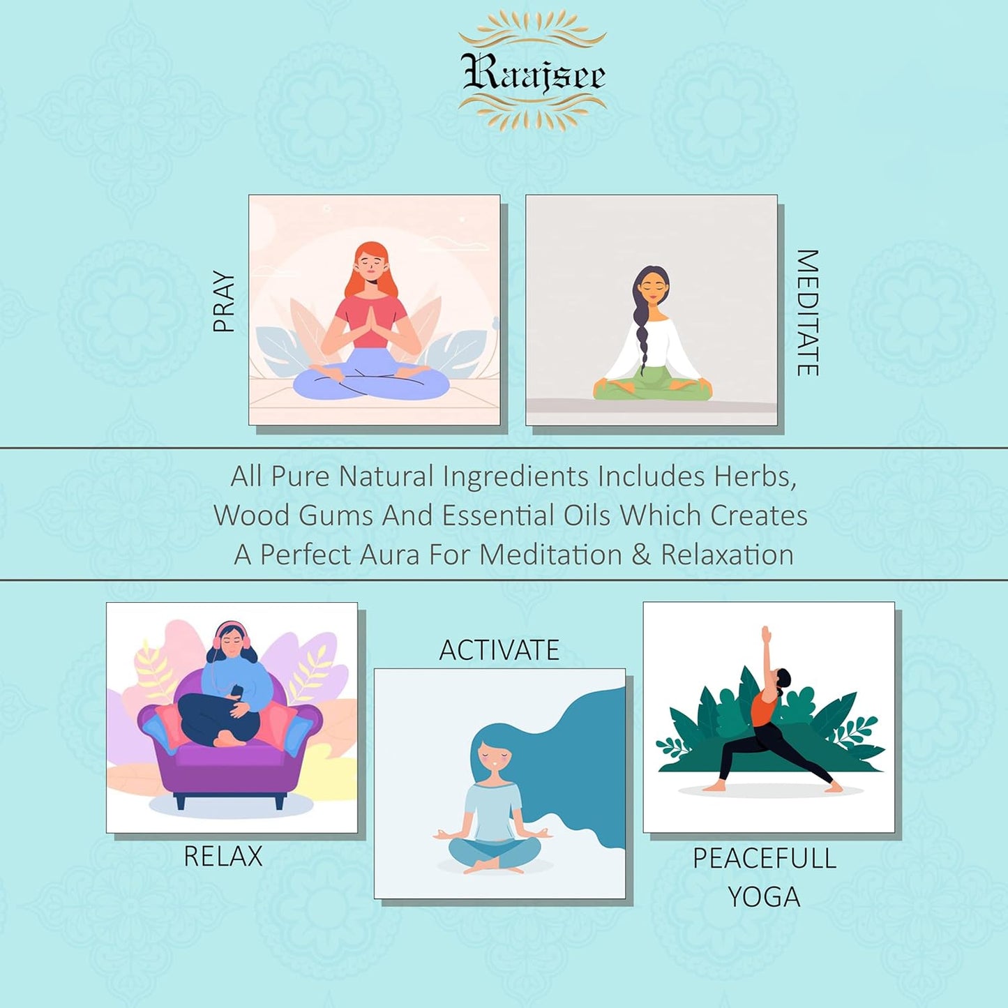 raajsee Incense Sticks 6 Pack Variety Set 15gm Each, Nag Champa- Jasmine - vanila-Japanese Rose-White Sage,100% Organic Hand Rolled- Perfect for Yoga, Meditation,Aromatherapy